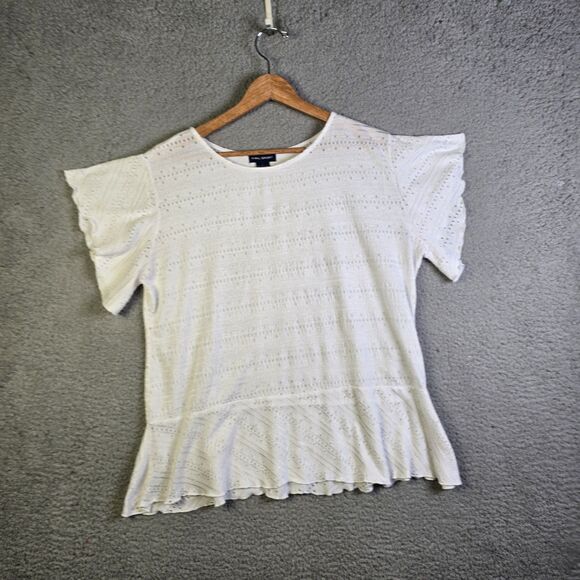 SML Sport Large White Eyelet Knit Ruffle Peplum Flutter Sleeve Summer Top Shirt - Picture 7 of 8